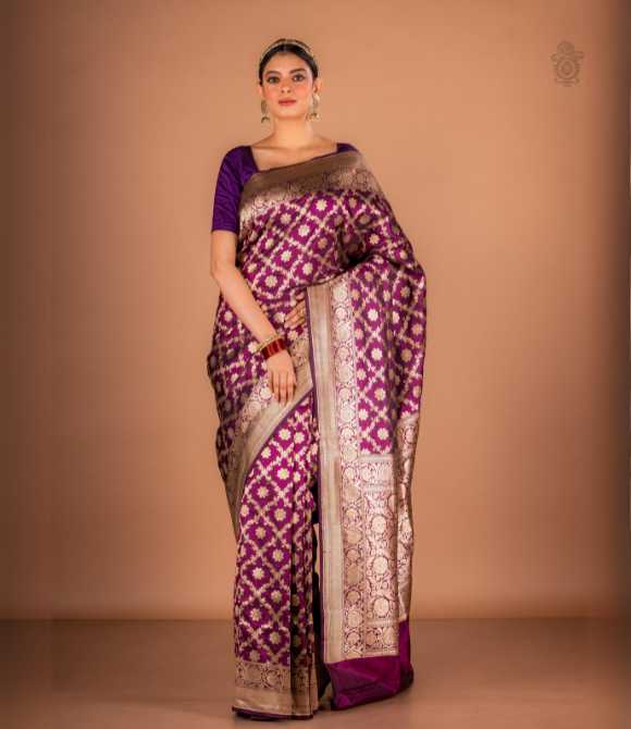 Handwoven Pure Katan Grand Bridal Silk Benarasi Saree Dark Purple