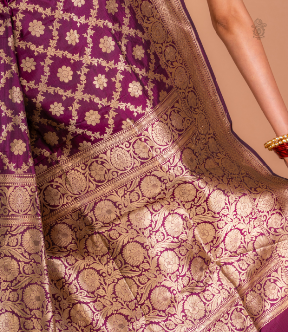 Handwoven Pure Katan Grand Bridal Silk Benarasi Saree Dark Purple