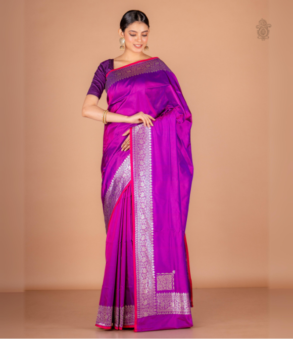 Handwoven Pure Kariyal Benarasi Saree Magenta Silver