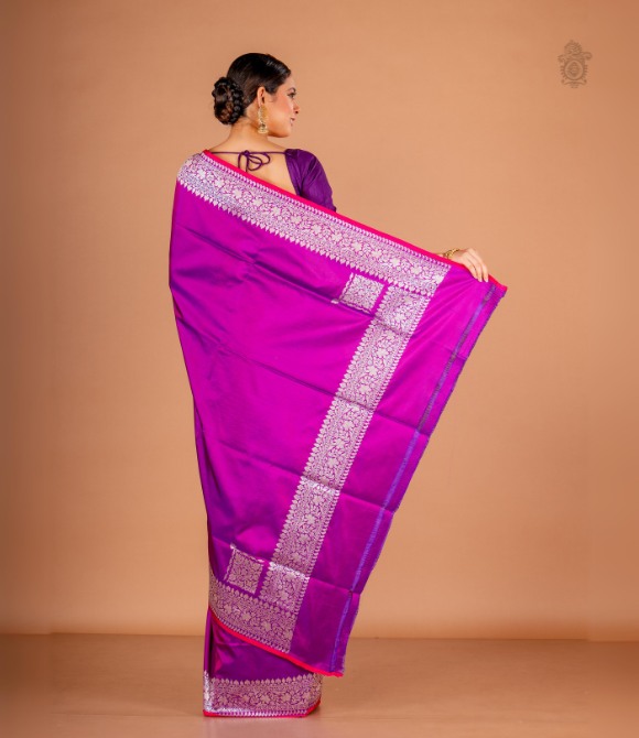 Handwoven Pure Kariyal Benarasi Saree Magenta Silver