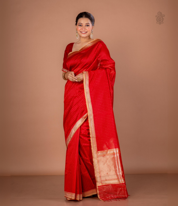 Handwoven Pure Chanderi Zari Benarasi Silk Cotton Saree Deep Red