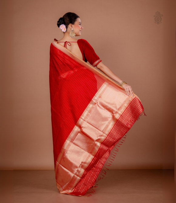 Handwoven Pure Chanderi Zari Benarasi Silk Cotton Saree Deep Red