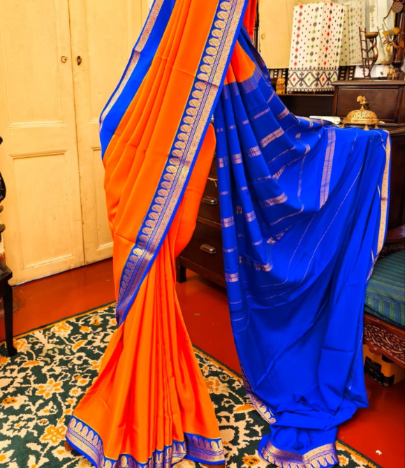 Pure Mysore Crepe Silk Saree – Fanta Orange with Royal Blue