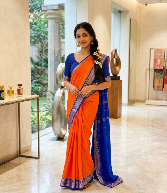 Pure Mysore Crepe Silk Saree – Fanta Orange with Royal Blue
