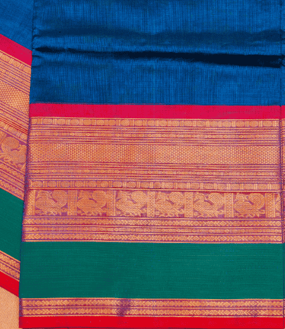 Handwoven Korvai Silk Cotton Handloom Saree - Peacock Blue & Green
