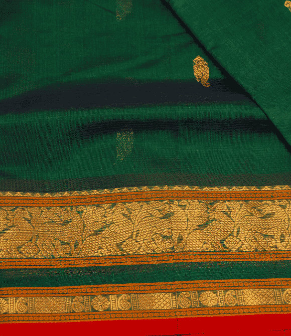 Handwoven Korvai Silk Cotton Handloom Saree - Green Blue