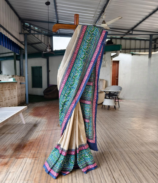 Pure Gachhi Bengal Tussar Saree White Multicolour