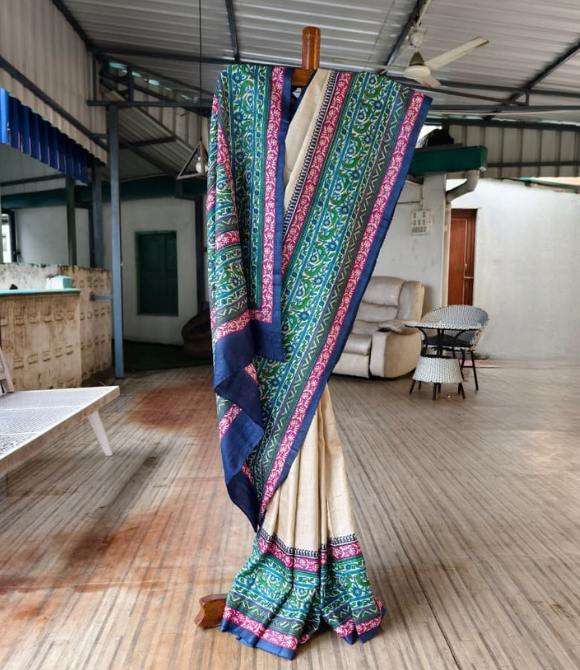 Pure Gachhi Bengal Tussar Saree White Multicolour