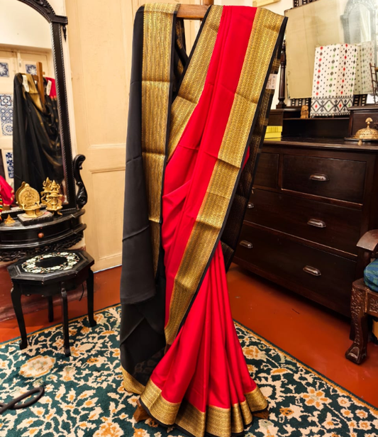 Pure Mysore Crepe Silk Saree – Chilly Red with Black Border