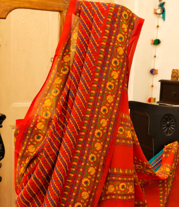 Rust Orange Multicolour Hand Block Print Chiffon Saree