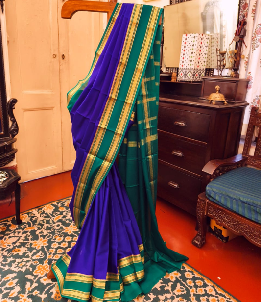 Pure Mysore Crepe Silk Saree – Royal Blue with Emerald Green