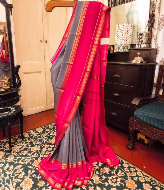 Pure Mysore Crepe Silk Saree – Deep Grey with Fuchsia Pink