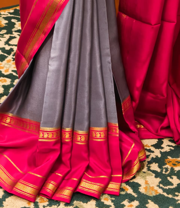 Pure Mysore Crepe Silk Saree – Deep Grey with Fuchsia Pink