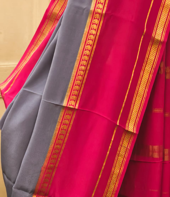 Pure Mysore Crepe Silk Saree – Deep Grey with Fuchsia Pink