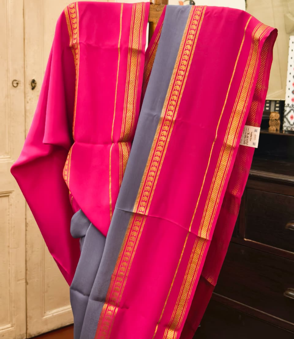 Pure Mysore Crepe Silk Saree – Deep Grey with Fuchsia Pink