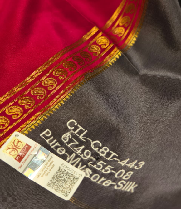Pure Mysore Crepe Silk Saree – Deep Grey with Fuchsia Pink