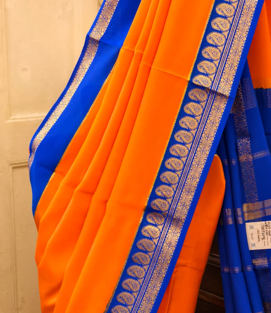 Pure Mysore Crepe Silk Saree – Fanta Orange with Royal Blue