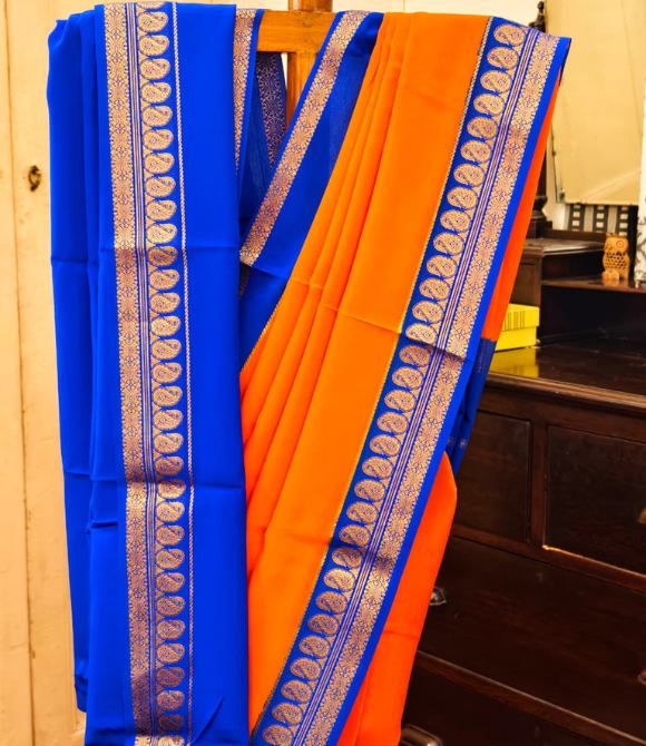 Pure Mysore Crepe Silk Saree – Fanta Orange with Royal Blue