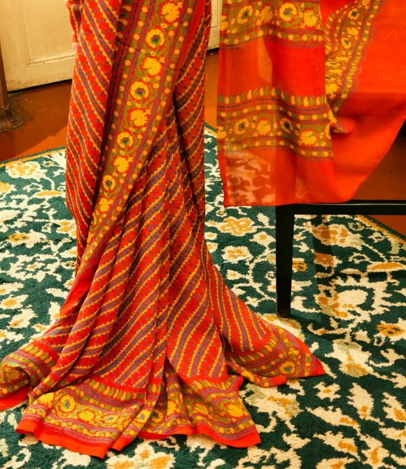 Rust Orange Multicolour Hand Block Print Chiffon Saree