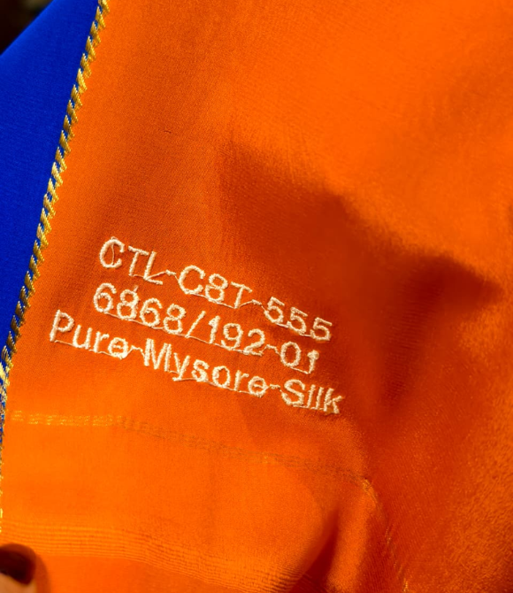Pure Mysore Crepe Silk Saree – Fanta Orange with Royal Blue