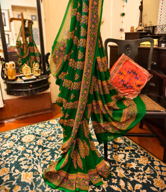 Hand Block Print Chiffon Saree – Deep Emerald Green Multicolour