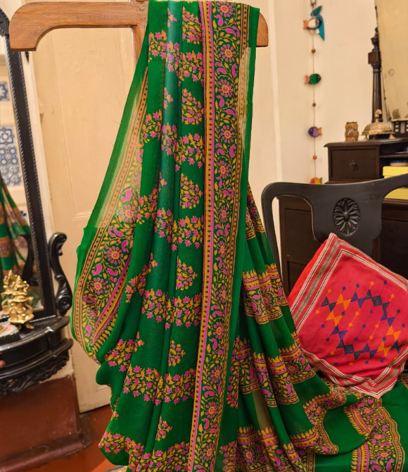 Hand Block Print Chiffon Saree – Deep Emerald Green Multicolour
