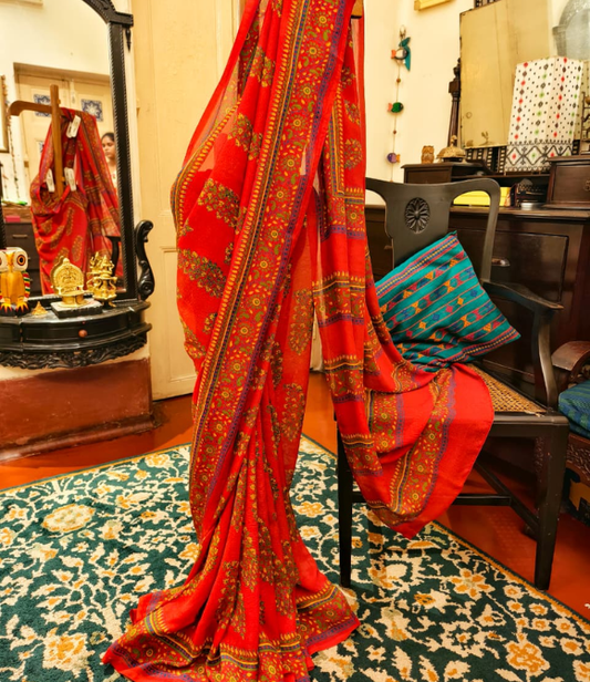 Hand Block Print Chiffon Saree – Rust Orange Multicolour