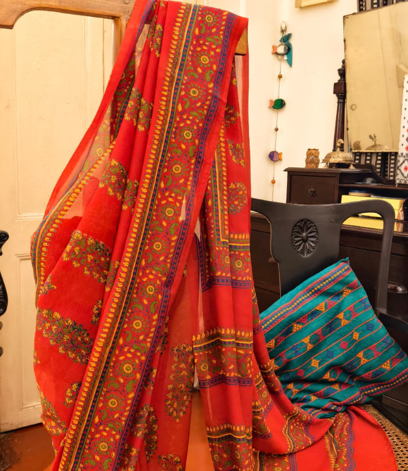 Hand Block Print Chiffon Saree – Rust Orange Multicolour