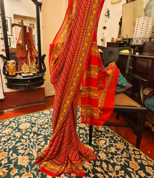 Rust Orange Multicolour Hand Block Print Chiffon Saree