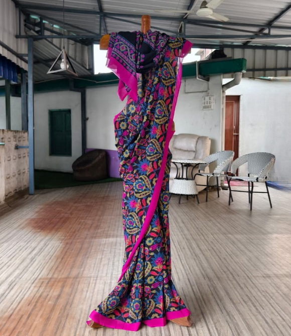 Hand Block Printed Pure Chinon Silk Saree Black Multicolour