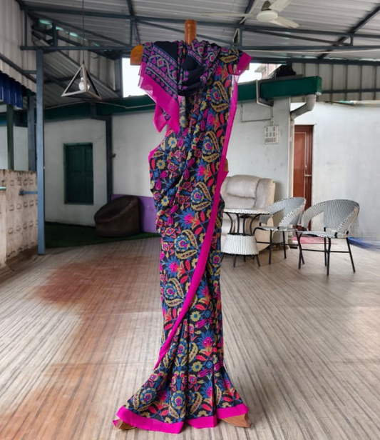 Hand Block Printed Pure Chinon Silk Saree Black Multicolour