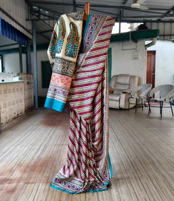 Handwoven Pure Mulberry Bengal Silk Saree Pink & Blue