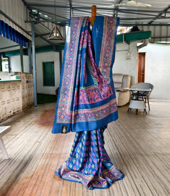 Pure Gachhi Bengal Tussar Saree Indigo | Block Print Saree