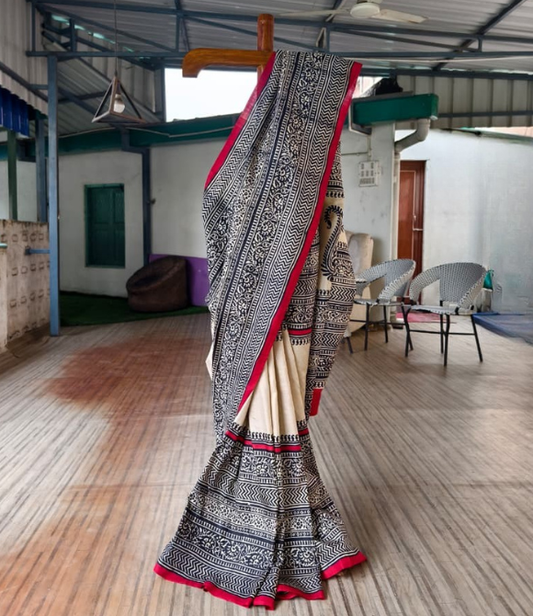 Handwoven Pure Mulberry Bengal Silk Saree Cream Black Red Selvedge
