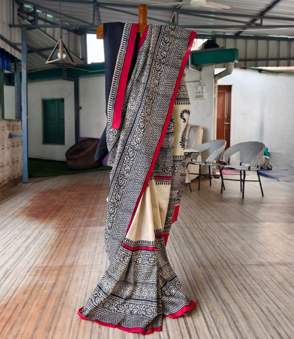 Handwoven Pure Mulberry Bengal Silk Saree Cream Black Red Selvedge