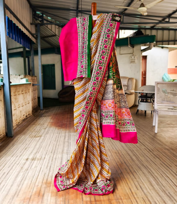 Handwoven Pure Mulberry Bengal Silk Saree Yellow - Brown