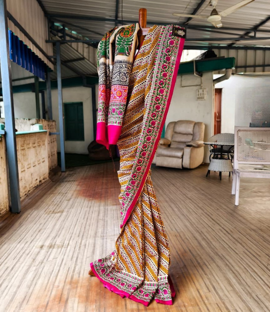 Handwoven Pure Mulberry Bengal Silk Saree Yellow - Brown