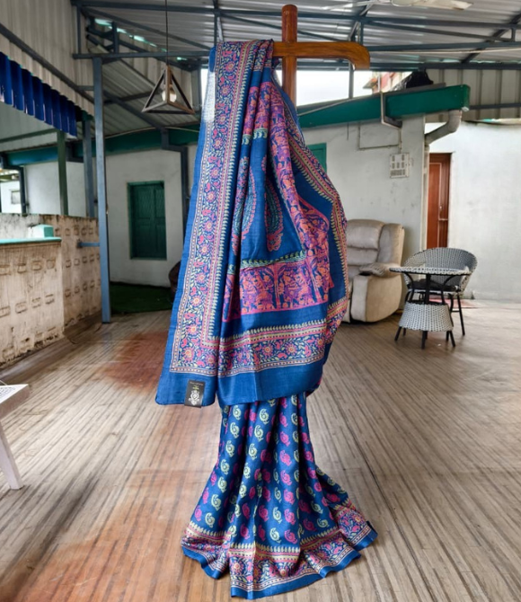 Pure Gachhi Bengal Tussar Saree Indigo | Block Print Saree