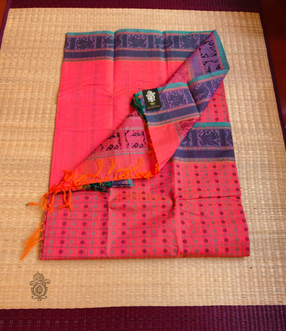 Handwoven Pure Cotton Kanchipuram Saree Peach Pink