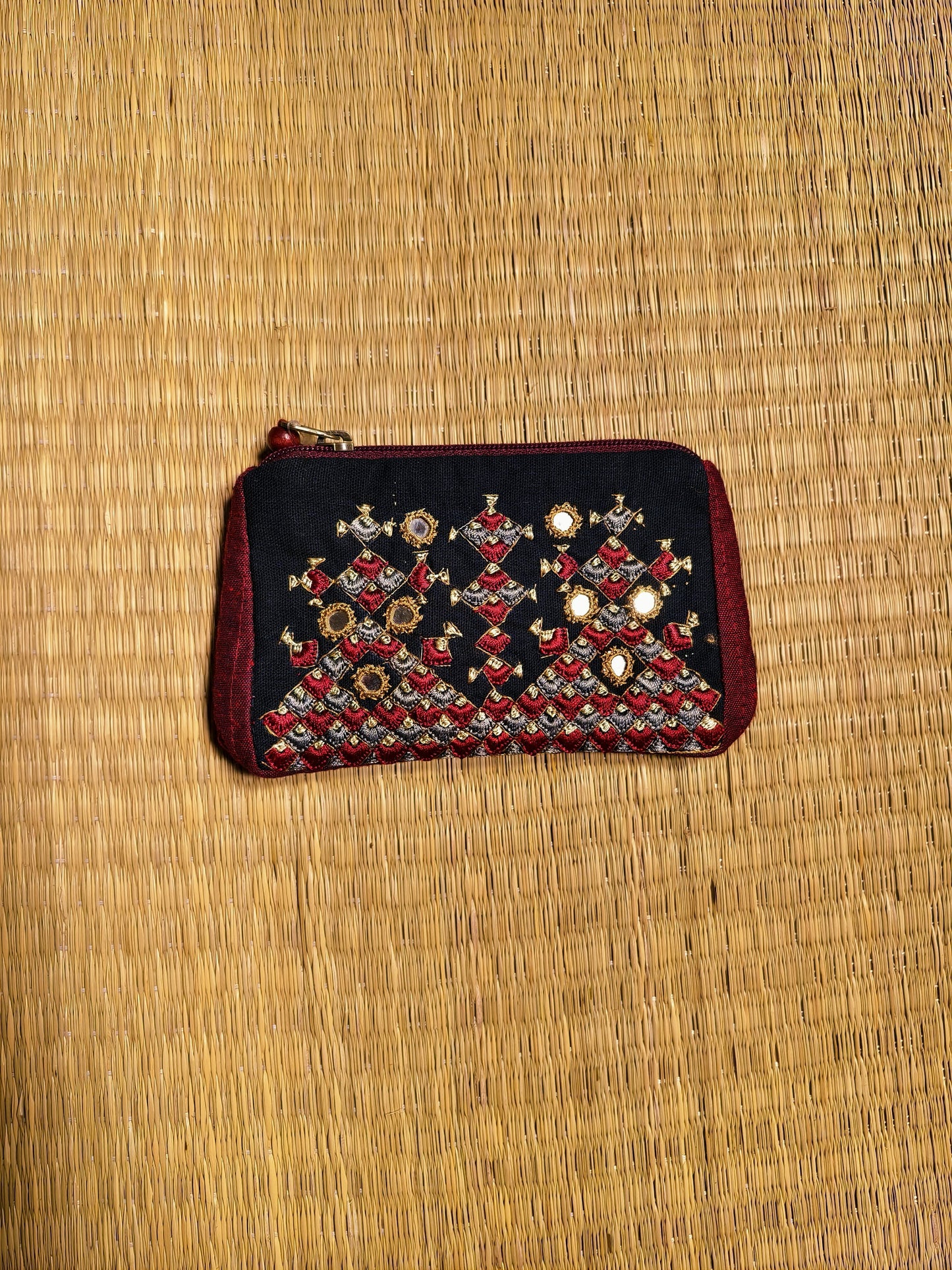 Black Maroon Kutch Embroidered Mirror Work Coin Purse