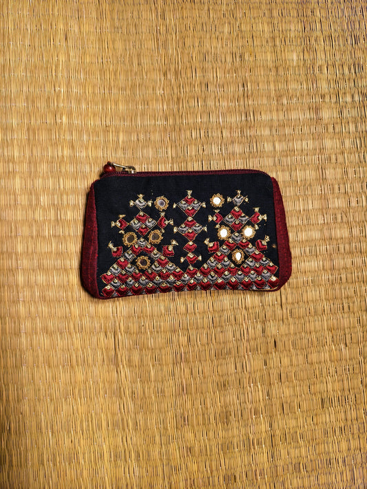 Black Maroon Kutch Embroidered Mirror Work Coin Purse