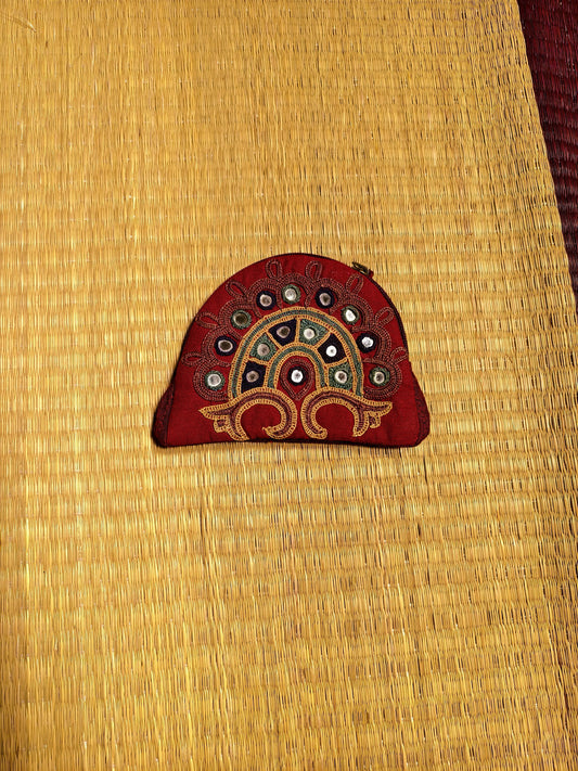 Maroon Multicolour Kutch Single Side Embroidered Mirror Work Coin Purse
