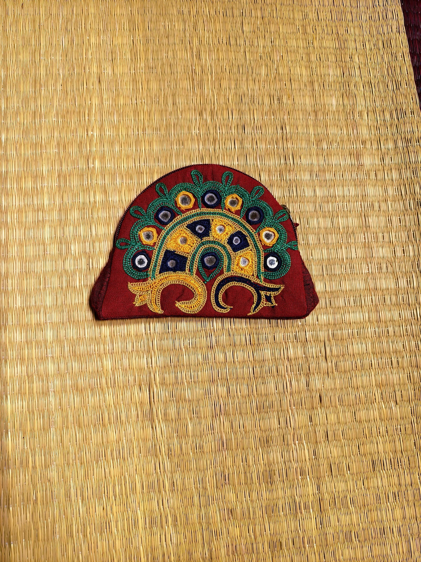 Maroon Multi Kutch Single Side Embroidered Mirror Work Coin Purse
