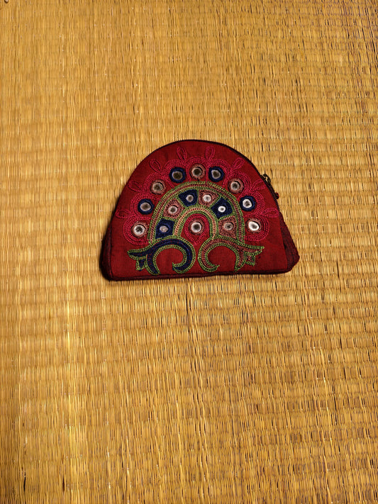 Maroon Blue Kutch Single Side Embroidered Mirror Work Coin Purse