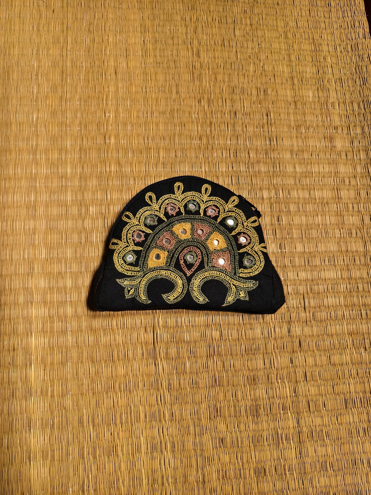 Black Yellow Kutch Single Side Embroidered Mirror Work Coin Purse