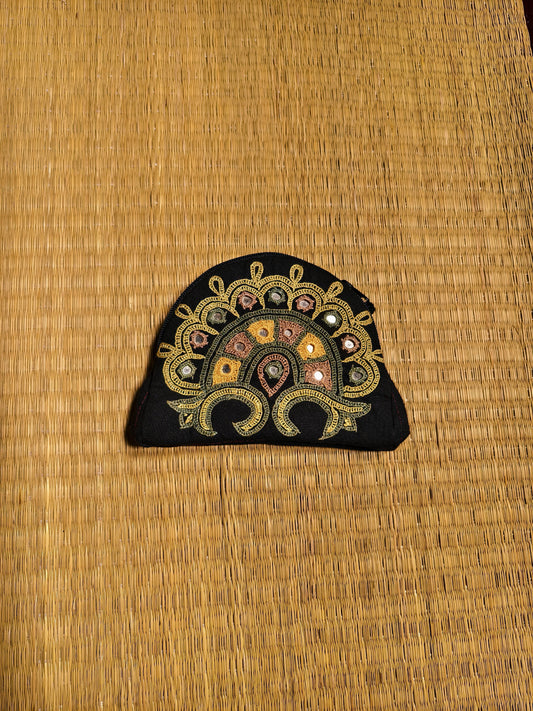 Black Yellow Kutch Single Side Embroidered Mirror Work Coin Purse