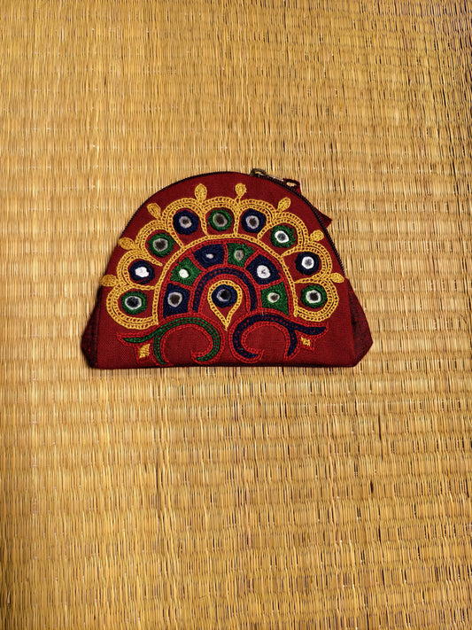 Red Mustard Kutch Single Side Embroidered Mirror Work Coin Purse