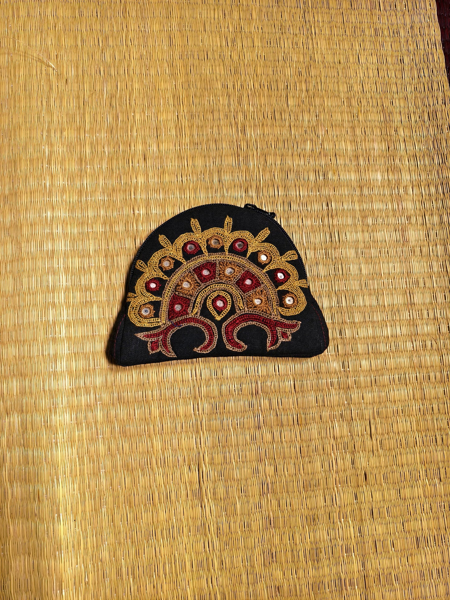 Black Maroon Kutch Single Side Embroidered Mirror Work Coin Purse