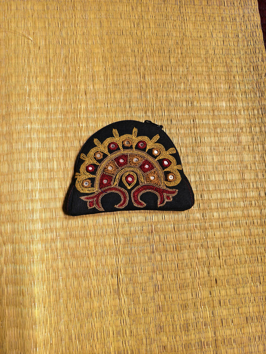 Black Maroon Kutch Single Side Embroidered Mirror Work Coin Purse