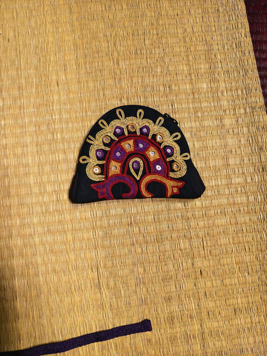 Black Purple Kutch Single Side Embroidered Mirror Work Coin Purse
